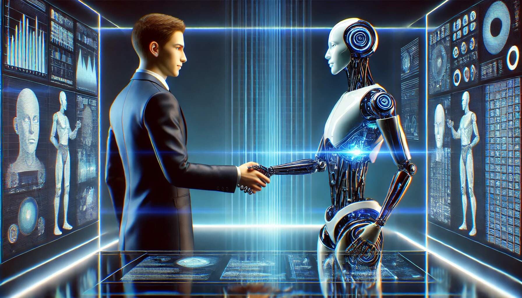 A humanoid AI agent and a human shaking hands in a futuristic, sleek digital environment. The AI agent, depicted as a glowing, holographic robot, is handing over data to the human, who is dressed in professional attire. The background features smooth, solid colors like deep blues and purples, creating a high-tech atmosphere. The image emphasizes collaboration between human and AI, with perfect lighting and a polished, modern aesthetic.